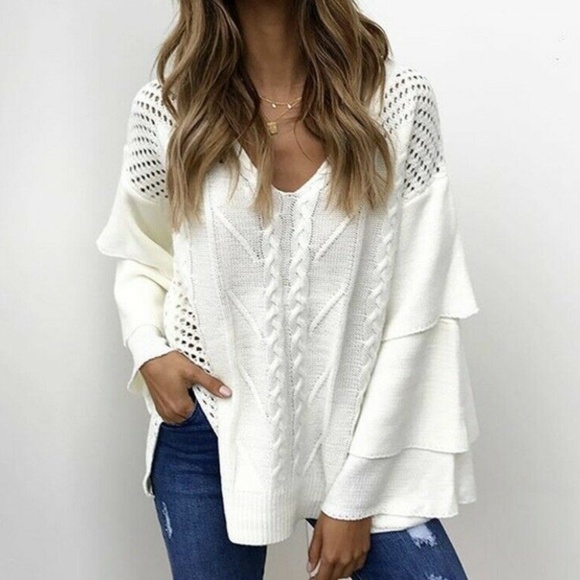 Shop Fig Sweaters - Ruffle Sleeve White Cable Knit Boutique Sweater